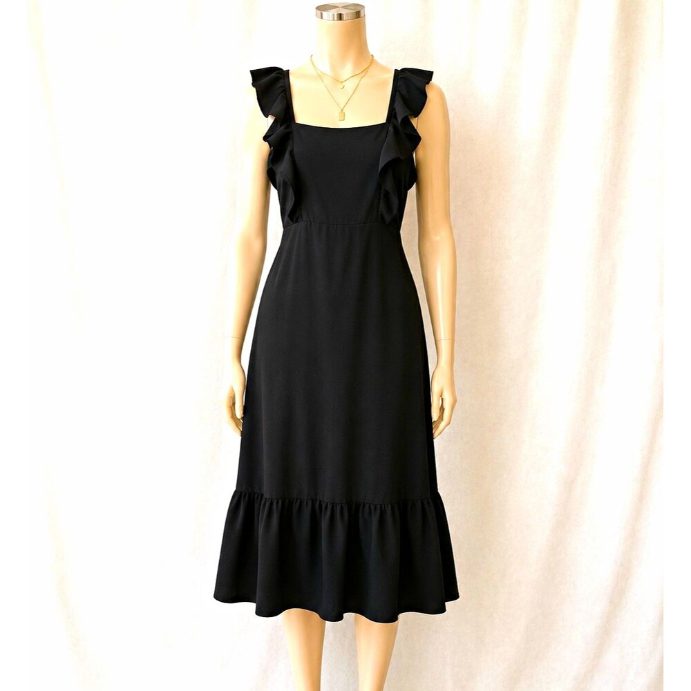BCBG Paris Black Square Neck Chiffon Sleeveless A-Line Midi Dress Size L